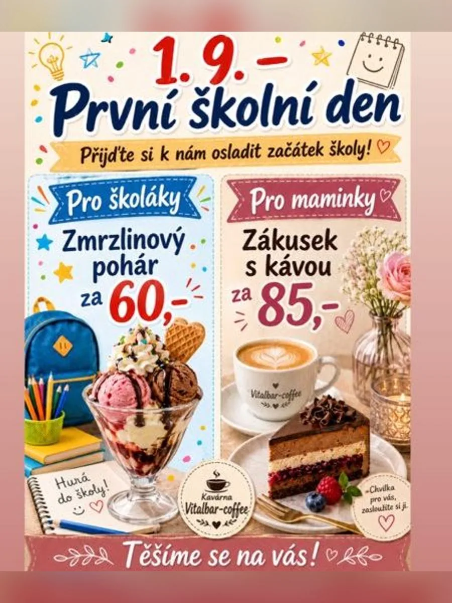 Plakát První školní den 1. 9. 2026 — zmrzlinový pohár za 60 Kč, zákusek s kávou za 85 Kč