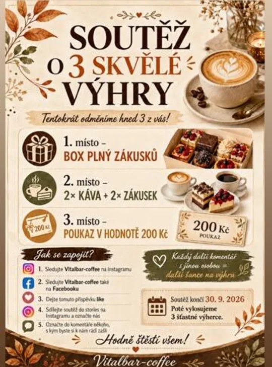 Plakát soutěže Vitalbar-Coffee o 3 výhry — box plný zákusků, 2× káva a 2× zákusek, poukaz 200 Kč